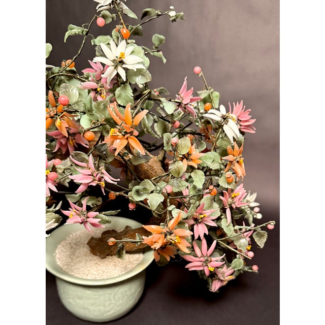 Large Vintage Chrysanthemum Hardstone Flower Bonsai Tree in Celadon Pot For Sale - Image 4 of 8