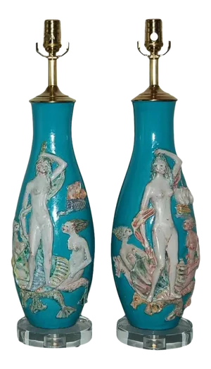 Vintage Aqua Fantoni Ceramic Mermaid Table Lamp Pair