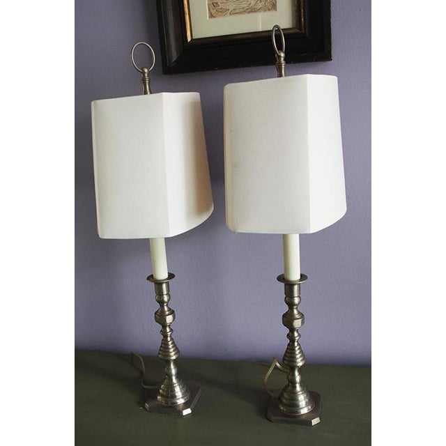 Traditional Pair of 1980s Baldwin Pewter Candle Stick Table Lamps With Rectangular Bowed Shades For Sale - Image 3 of 6