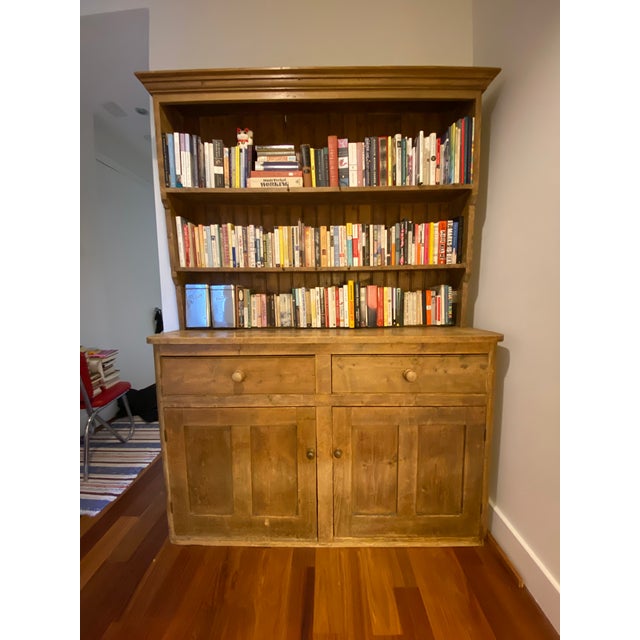 Antique English Pine Welsh Dresser Hutch, most likely late 19th century. Solid pine two-part form with open plate rack...