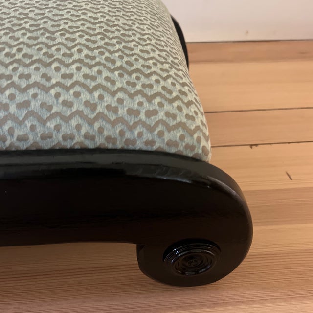 Neoclassical Style High Gloss Black Low Scroll Stool With Fortuny Cotton Fabric For Sale - Image 4 of 7