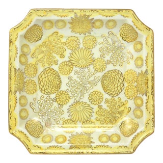 Vintage Chinese Chinoiserie Yellow & Gold Octagonal Porcelain Tray With Chrysanthemums For Sale
