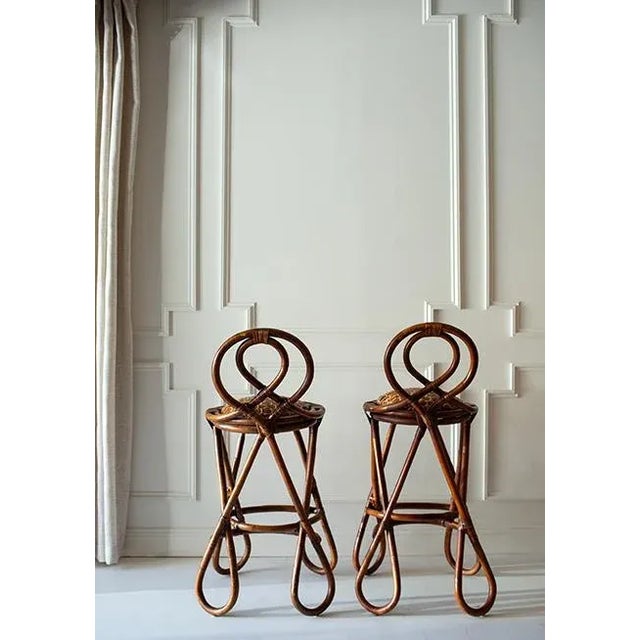 Wood Late 20th Century Vintage Bent Bamboo and Grass Cloth Barstools - Set of 2 in the Style of Paul Frankl For Sale - Image 7 of 13
