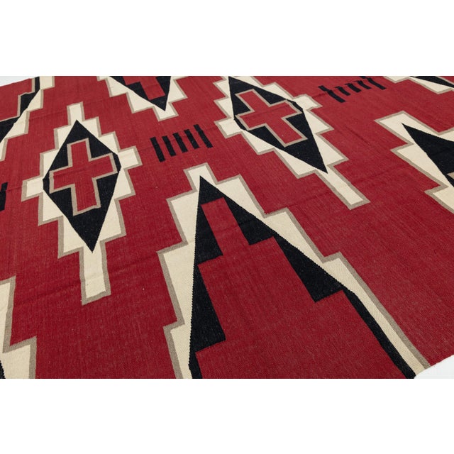 Modern Navajo Style Southwest Wool Rug - Crimson Red & Geometric Diamond Motif For Sale - Image 11 of 12