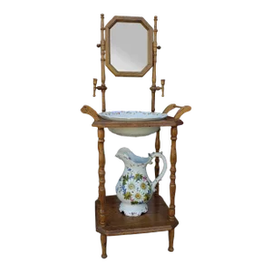 English Victorian Style Mirrored Washstand With Decorated Basin and Pitcher