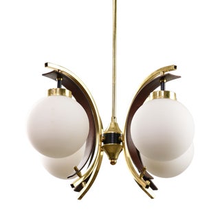 Mid-Century Modern Italian Brass and Opaline Chandelier For Sale