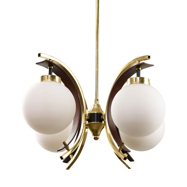 Mid-Century Modern Italian Brass and Opaline Chandelier For Sale