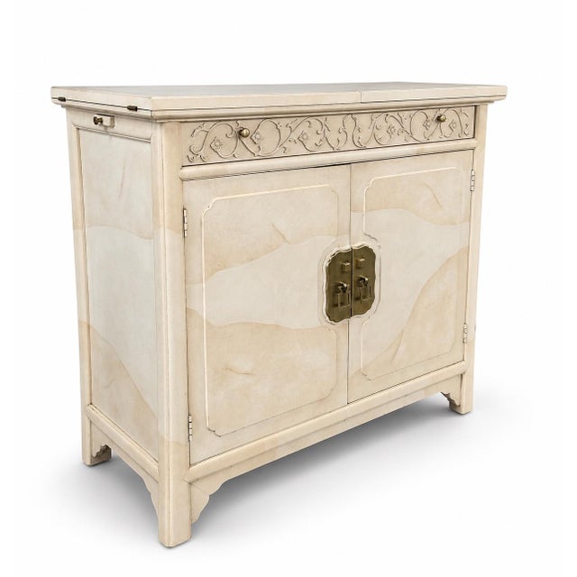 Henredon Henredon Vintage Hollywood Regency Faux Goatskin Server Bar Cabinet For Sale - Image 4 of 9