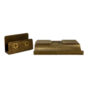 Vintage Arts & Crafts Hammered Bronze Inkwell & Letter Holder Desk Set