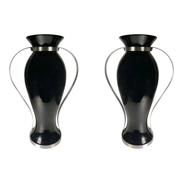 Contemporary Black Glass Vases With Stainless Steel - A Pair For Sale