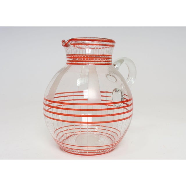 Art Deco Art Deco Blown Glass Red Striped Bulbous Form Pitcher / Jug For Sale - Image 3 of 15
