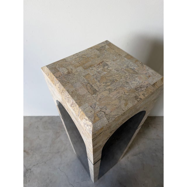 Wood 1980s Vintage Maitland-Smith Art Deco Postmodern Tessellated Stone Architectural Pedestal For Sale - Image 7 of 12