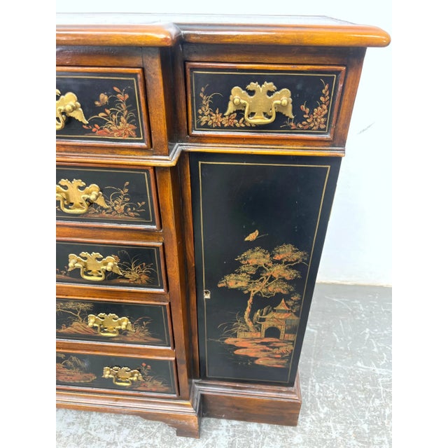 Black Chinoiserie Server Cabinet With Tooled Leather Top For Sale - Image 8 of 11