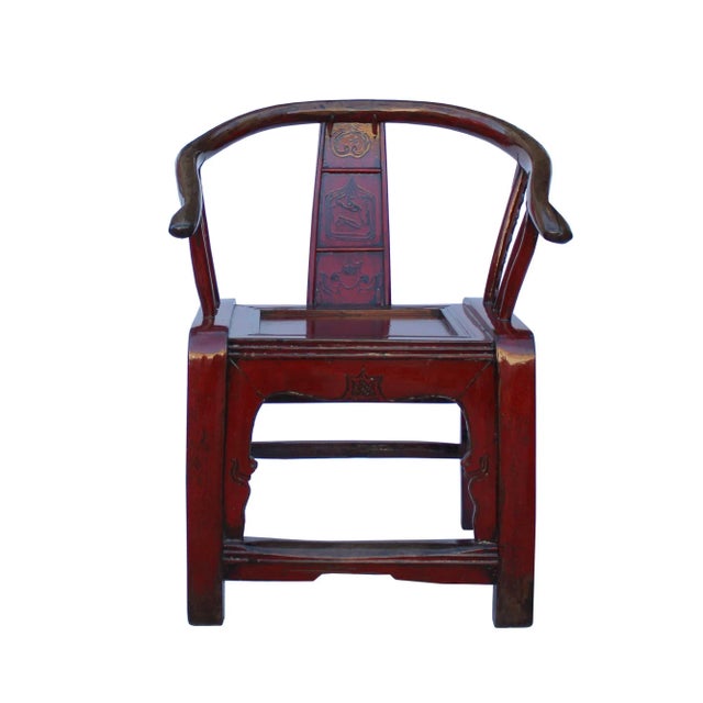 Wood Red Lacquer Oriental Horse Shoe Curve Shape Accent Fusion Chair For Sale - Image 7 of 7