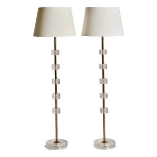 Floor Lamps in Glass and Brass by Carl Fagerlund for Orrefors, 1960s, Set of 2 For Sale