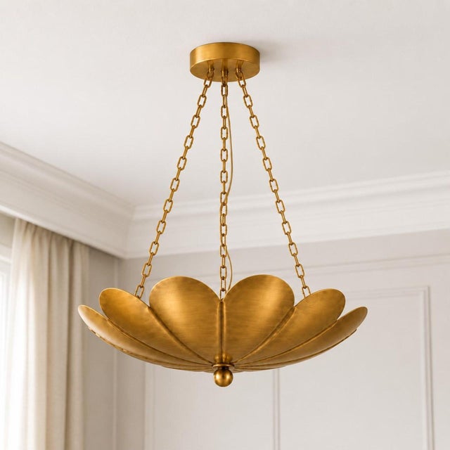 Solid Brass Lotus Pendant Light With Sculptural Layered Petals and Elegant Chain Suspension For Sale - Image 4 of 7
