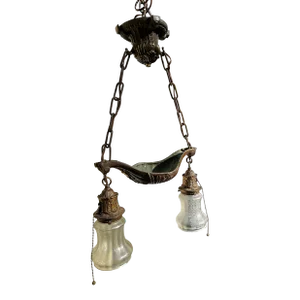 Vintage Two Light Hanging Fixture With Vintage Etched Glass Shades