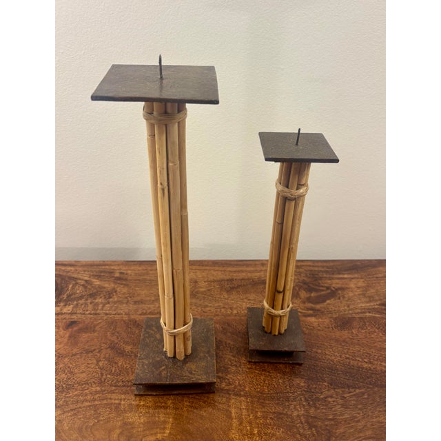 Mid-Century Modern Vintage Coastal Bamboo, Cane & Steel Architectural Candlesticks - Pair For Sale - Image 3 of 5