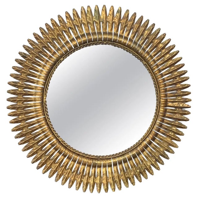 Gold 1960s Round Spanish Gilt Metal Sunburst Mirror For Sale - Image 8 of 8