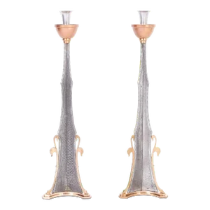 Mid Century Pair of Mixed Metal Sculptural Candlesticks or Candelabras