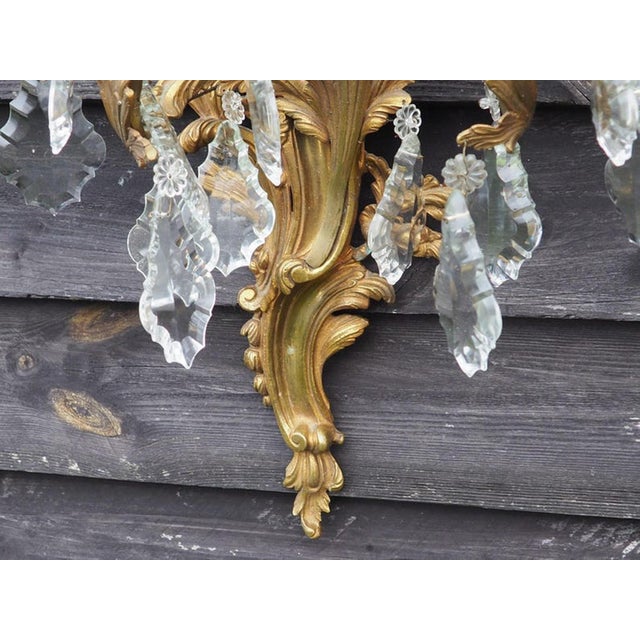 Vintage Louis XV Romantic French Bronze Wall Sconces Crystal Lighting, 1950s, Set of 2 For Sale - Image 9 of 10