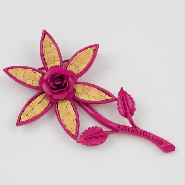 Contemporary John Galliano Paris Pink Enamel Metal and Straw Daisy Brooch For Sale - Image 3 of 8