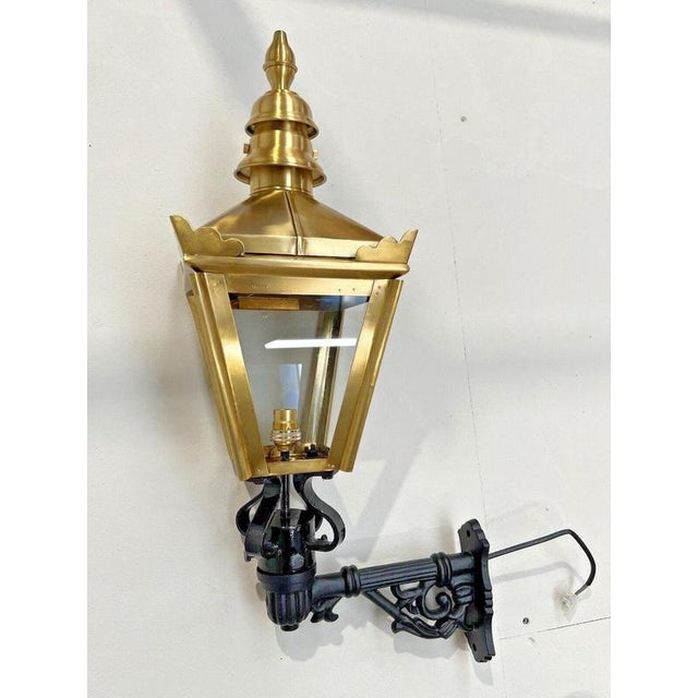 2000 - 2009 Traditional Brass Wall Lantern with Ornate Cast Iron Bracket For Sale - Image 5 of 15