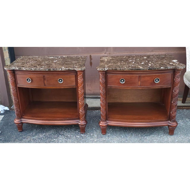 An extremely rare Pair of Antiquities Collection by Stickley Handcrafted, Carved Solid Cherry and Marble Top Side Tables...