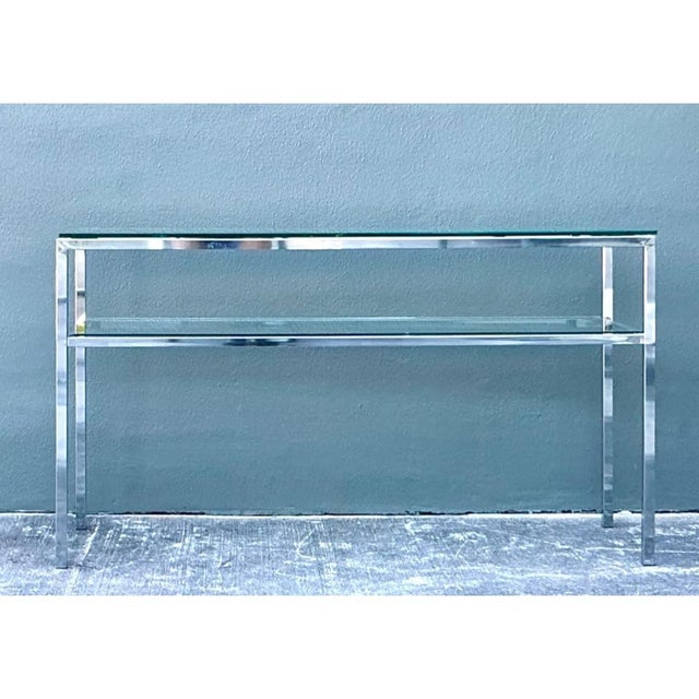 Silver Vintage Chrome and Glass Console Table For Sale - Image 8 of 12