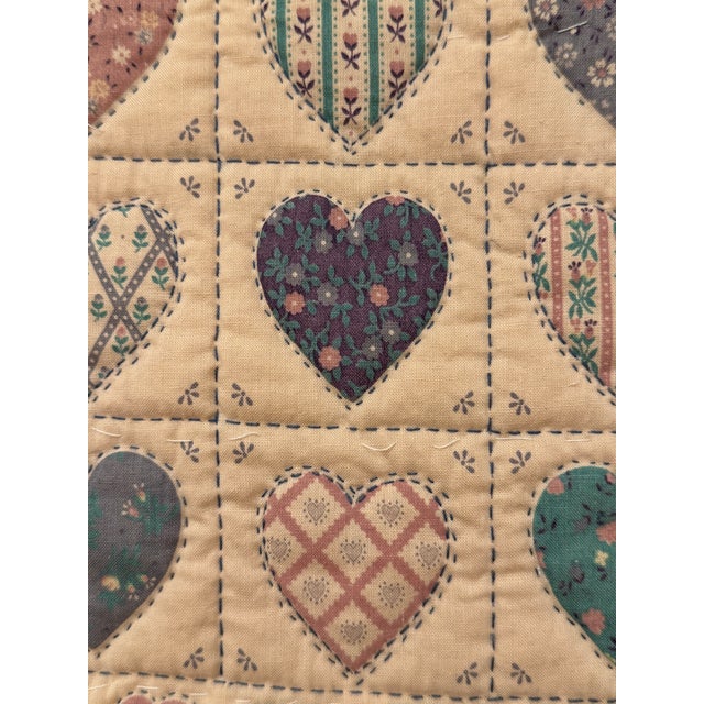 Textile Pair of Vintage American Folk Art Hearts & Bears Quilted Textile Art, Dusty Pink, Baby Blue, Off-White For Sale - Image 7 of 12