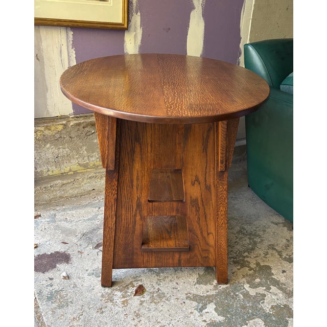 Charles Limbert 1910s Limbert Mission Oak Oval Library Table With Cut Outs Arts & Crafts For Sale - Image 4 of 12