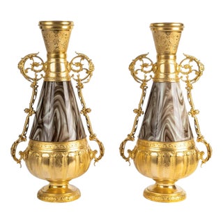 Napoleon III Vases in Opaline Glass and Gilded Regule, 1800s, Set of 2 For Sale