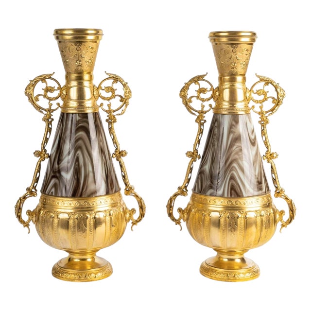 Napoleon III Vases in Opaline Glass and Gilded Regule, 1800s, Set of 2 For Sale