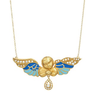 Winged Angel Necklace Diamond Enamel Vintage 14k Yellow Gold Chain Jewellery For Sale