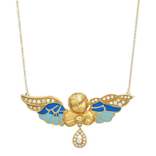 Winged Angel Necklace Diamond Enamel Vintage 14k Yellow Gold Chain Jewellery For Sale