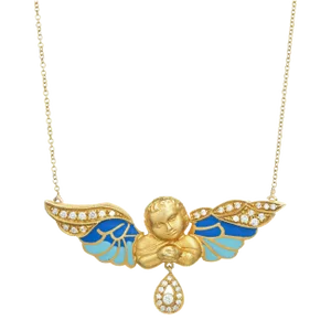 Winged Angel Necklace Diamond Enamel Vintage 14k Yellow Gold Chain Jewellery