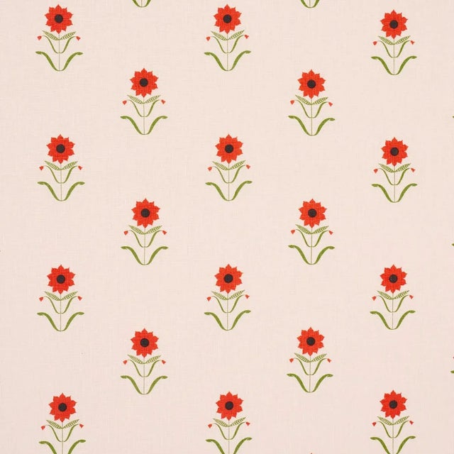 SAMPLE - Schumacher x Peg Norriss Forget Me Nots Fabric In Red On Pink For Sale
