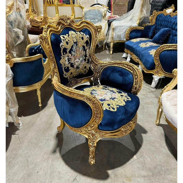Blue Bergère Wing Chair – French Style Armchair With Gold Leaf Details For Sale In Miami - Image 6 of 8