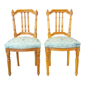 Antique French Louis XVI Carved Birch Side Accent Chairs - a Pair