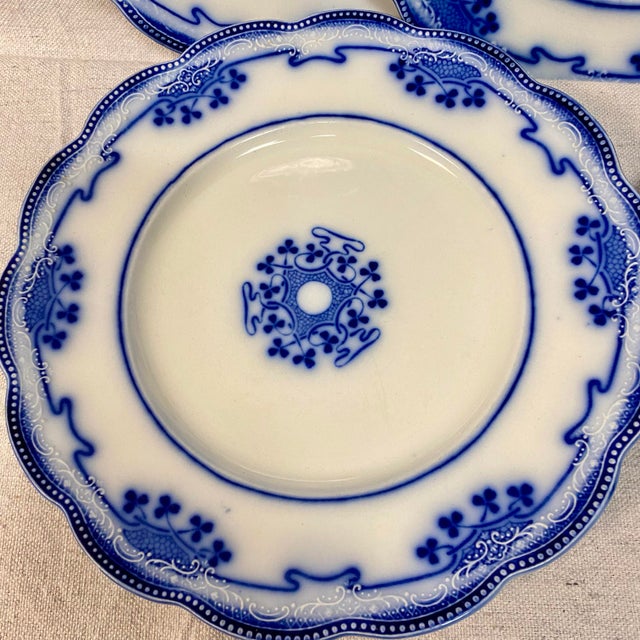 Victorian Antique Flow Blue Luncheon Plates, Lorne Clovers by Grindley - Set of 5 For Sale - Image 3 of 11