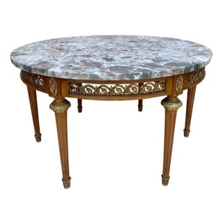 20th Century French Louis XVI Style Bronze, Round Marble & Oak Table For Sale