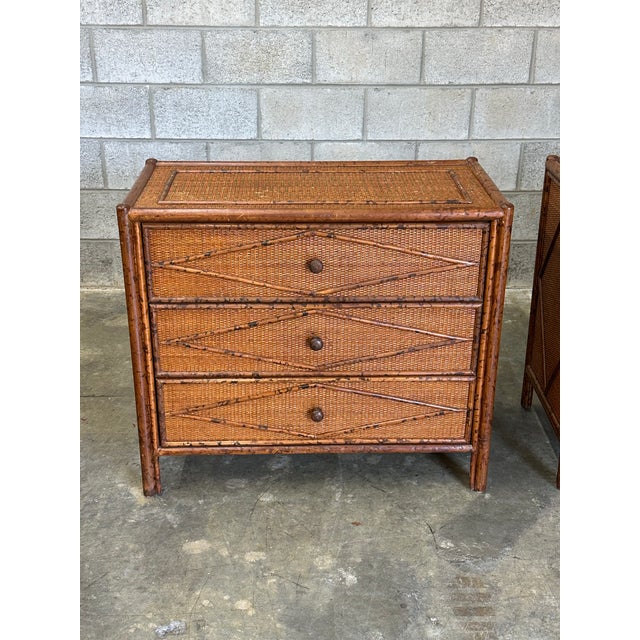 Bloomingdale's 1980s Vintage British Colonial Style Burnt Bamboo and Rattan Chests / Dressers- A Pair For Sale - Image 4 of 12