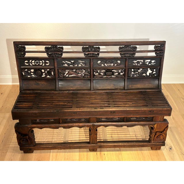 Large Antique 66.125”l Shanxi Carved Wood Bench For Sale - Image 12 of 13