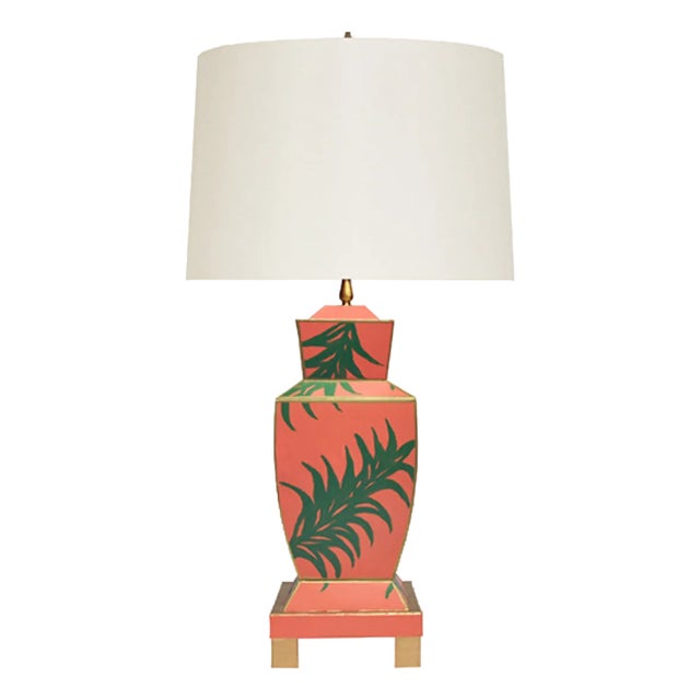 Matthew Izzo Home Bianca Handpainted Metal Tole Palm Design Table Lamp With Brass Base and Linen Shade For Sale