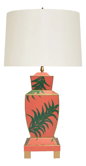 Matthew Izzo Home Bianca Handpainted Metal Tole Palm Design Table Lamp With Brass Base and Linen Shade