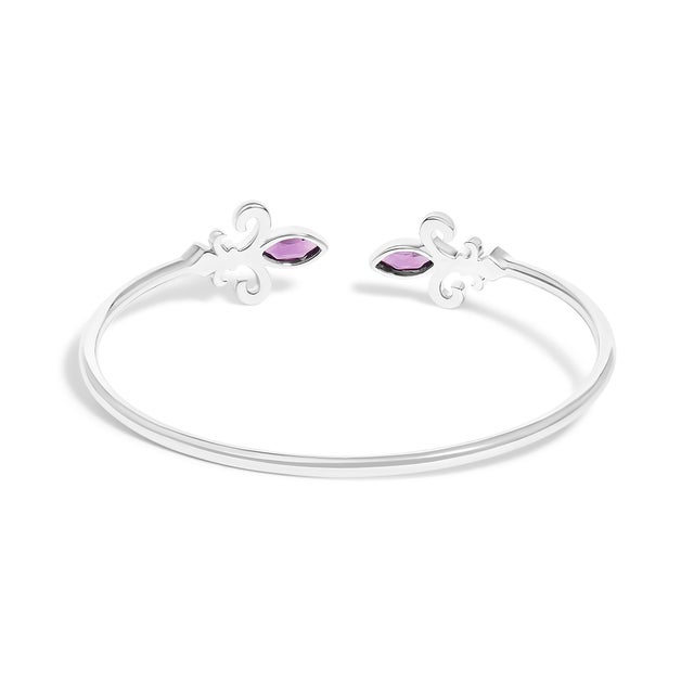 .925 Sterling Silver 8X4MM Marquise Purple Amethyst and Diamond Accent Fleur Di Lis Open Cuff Bangle (I-J Color, I1-I2 Clarity) - 7" For Sale - Image 4 of 6