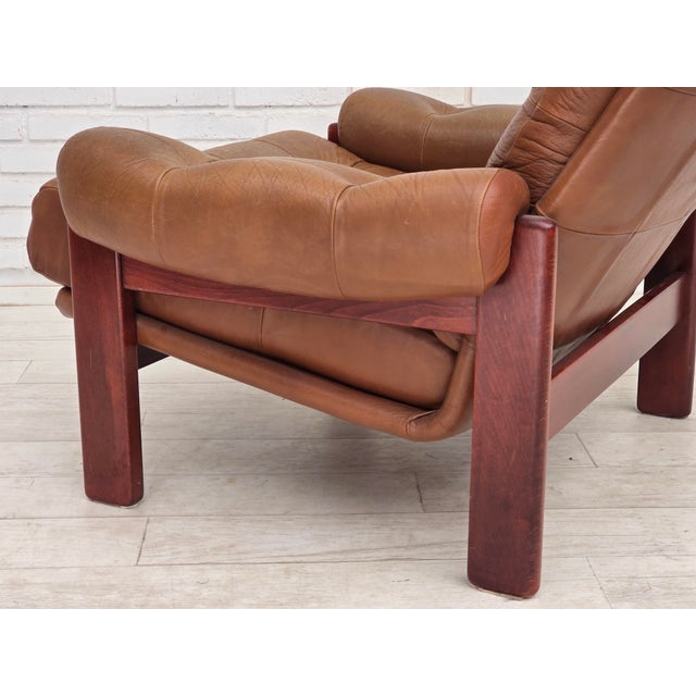 Wood Set of Swedish Lounge Chair and Ottoman in Leather, 1970s For Sale - Image 7 of 18