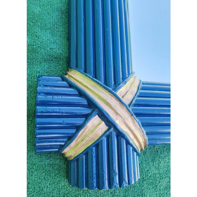 Navy Blue Massive Custom Painted Fluted Glossy Navy Blue Gold Leaf X Corners Nautical Wall Mirror For Sale - Image 8 of 9