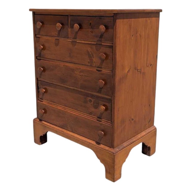 Vintage Pine Six-Drawer Tallboy Dresser With Shaker-Style Knobs, 1970s For Sale