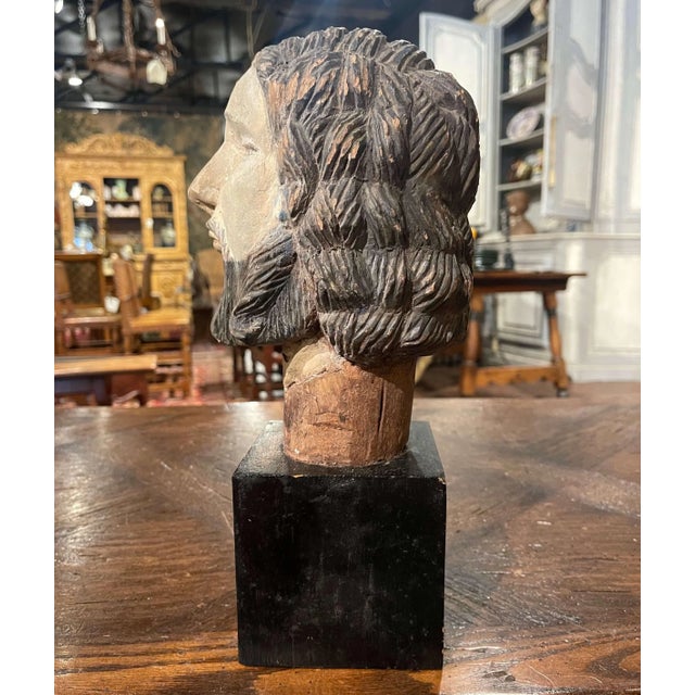 Paint 17th Century Spanish Carved Polychrome Bust of Christ on Stand For Sale - Image 7 of 12